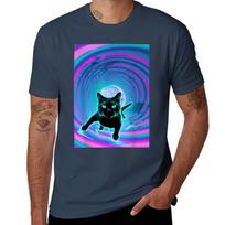 Trippy Glitch Weirdcore Cat Vortex Surfing Vaporwave TShirt Relaxed Casual Short Sleeve Tee S