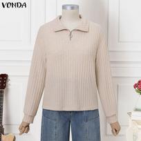 VONDA Autumn Women Zip-up Neck Long Sleeve Plain Thin Rib Casual Blouse S abrikosas