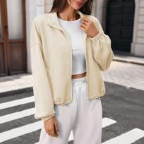 Women's Cropped Zip-Up Hoodie - Color Loose Fit Long Sleeve with Drawstring M smėlis