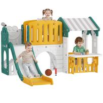 7-in-1 Kids Slide, Indoor Playground, Climbing Frame, House, Board, Basketball Hoop, 1-4 Years, Plastic, Yellow+Green 189 x 180 x 111 cm