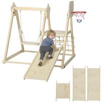 5-in-1 Indoor Climbing Frame with Slide, Swing, Climbing Net, Basketball Hoop, Foldable, 3-6 Years, Natural Wood 140 x 133 x 43 cm