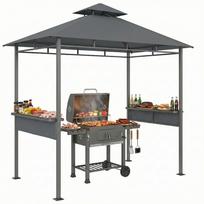 BBQ Gazebo 2.4 x 1.4 m, Windproof Grill Shelter with Double Roof Vent Side Shelves 245 x 146 x 255 cm tamsiai pilka spalva