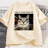 Rage Is Consuming Me Silly Staring Cat Meme Tee Shirt Casual Short Sleeve T-shirts Men Women Cat Lover T Shirt Oversized S