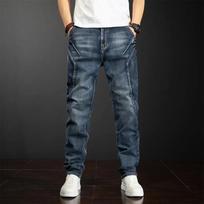 Summer Thin Stitching Jeans Man's Loose Straight Extended sizes Fat Trousers 44 mėlyna