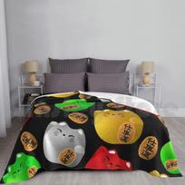 Fun Colorful Maneki-Neko Cats Pattern On Black Blanket For Sofa Bed Travel Maneki Maneki Neko Manekineko Size: 75*100cm, Weight: 230 GSM
