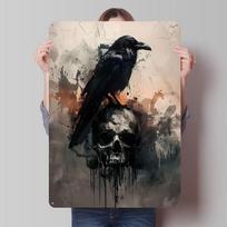 E.A. Poe Raven on Skull Tinplate Posters Customizable Wall Art Retro Vintage Metal Signs for Home Room Mancave Decoration Garage 20X30CM