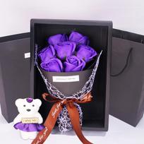 1Pc Handmade 7 Rose Soap Bouquet Little Bear Gift Box Creative Valentine's Day Mother's Day Birthday Party Rose Flower Gifts violetinė