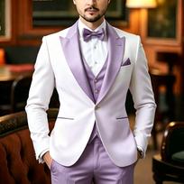 Slim Fit Formal Men Suits Wedding Tuxedo for Prom 3 Pieces Groom Blazer Vest Pants Set Classic Business Party Jacket Outfit S šviesiai violetinė spalva/balta