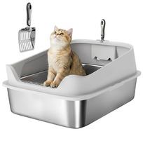 XXL Stainless Steel Cat Litter Box with High Sides, Metal Scoop, 70 x 50 x 30 cm 69.8 x 50.3 x 29.8 cm pilka