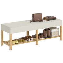 140 cm Shoe Bench Made of Solid Wood, Modern Hallway Bench with Upholstered Seat for Two People, Natural Wood and Cream White 140 x 44 x 48 cm