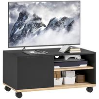 Televizoriaus stovas su ratukais ir stabdžiais, TV spintelė su durelėmis ir reguliuojama lentyna, Juoda ir ąžuolo spalvos 80 x 45 x 39 cm