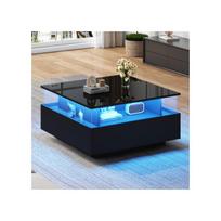 Modernus ir blizgantis LED kavos staliukas, 70*70*41cm, su 2 stalčiais ir skaidriu ekrano paviršiumi - 30 kg apkrovos talpa