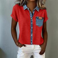 Womens Spring Tops Button Down Denim Collar Design Summer Shirts for Women Casual Style Womens Summer Shirts XS raudona