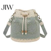 Stilinga rankinė kelionėms, džinsinė nėrimo kibiro formos rankinė, crossbody rankinė su ramunėlių siuvinėjimu, boho piniginė su raišteliu, moteriška peties rankinė šviesiai žalios spalvos