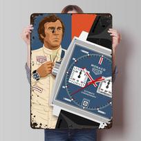Steve McQueen and Heuer Monaco Watch Printed Posters Customizable Wall Art Retro Vintage Metal Tin Signs for Home Room Wand Deko 20X30CM