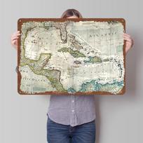 Antique Map of the Caribbean and Americas Printed Poster Customized Wall Art Retro Vintage Metal Tin Signs for Room Coffee Bar 20X30CM