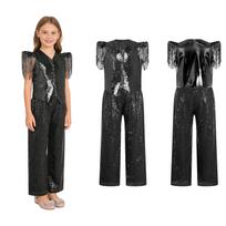 Girls Jazz Dance Sequin Tassels Cap Sleeves V Neck Asymmetrical Hem Metallic Vest Elastic Waistband Pants Set 5-6 Years juoda