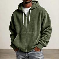 Men's Corduroy Zip Up Hoodie with Dropped Shoulder L armijos žalia spalva