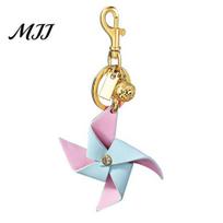 Healing Fidget Keychain Pendant Rhinestones Center Imitation Leather Windmill Design Key Anti-oxidation Keyring Chain with Lobster Clasp Bag