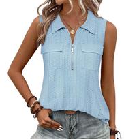 Women's Sleeveless V-Neck Zip Front Color Vest Top Casual Blouse M