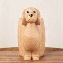 Wood Puppy Pen Holder Carved Sitting Organizer Floppy Ears Dog Beech
