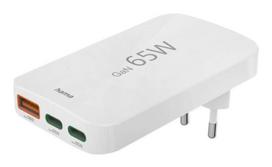 Ładowarka sieciowa hama gan 65w 2x usb-c 1x usb-a płaska biały