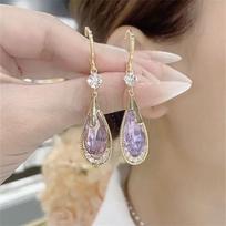 Trendy New Purple Water Drop Women's Dangle Earrings Green Crystal Pendants Gold Metal Ear Buckle Female Hanging Earrings