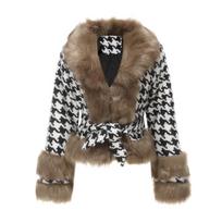 Women's Autumn and Winter Plaid Coat Detachable Fur Collar Short Fashion Top Houndstooth S