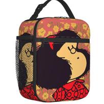 Custom Mafalda And Flowers Lunch Bag Men Women Thermal Cooler Insulated Lunch Box for Kids School Children 26x21x11CM smėlis