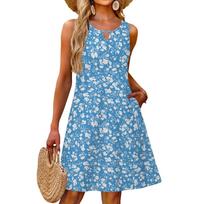 Ladies Fashion Casual Summer Vintage Floral Print Dress With Pocket Beach Holiday Vest Dress S