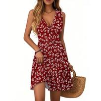 Women's Dress V-neck Sleeveless Casual Floral Print Hem Pleated Dress XL