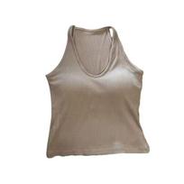 Women's V Neck Halter Padded Tank Tops Ribbed Double Lined Sleeveless Basic Shirts with Built in Bra Summer Sexy Going Out Tops chaki