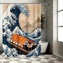 Sushi Wave Bathroom Curtain Unique Design Waterproof Fabric With Hooks Ocean Style Japanese Cuisine Theme Decor For Bath W60H190(CM)-1 Pcs