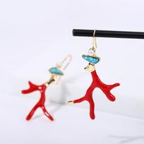 Red Coral Enamel Glaze Earrings Clear Geometric Drop Earrings Irregular Colored Earrings  Party raudona