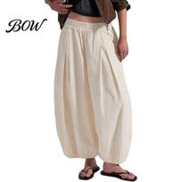 Lightweight Balloon Trousers Women Wide Leg Barrel Pants, Casual High Waisted Baggy Palazzo Pants Trousers, Solid Color Pleated S abrikosas