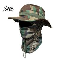 UV Protection Hat Camouflage Sun with Balaclava Face Mask, Men Wide Breathable Brim Hat, Bucket for Outdoor Fishing Hiking Cycling