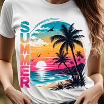 Retro Tropical Sunset Beach Tee | Palm Trees, Ocean Waves, Summer, 10 colors S