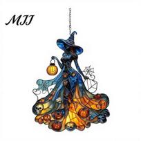 Festive Wizardly Aesthetic Gifts Witch Acrylic Suncatcher, Stained Glass Effect Window Car Hanging Ornament, Gothic Scary Art with Pumpkin Lantern Sun A