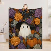 1pc Happy Halloween Blanket Lovely Ghost Flowers 3D Print Flannel Blanket for Home Living Room Decoration Halloween Party Gift 75x90cm