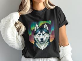Husky Northern Lights T-Shirt, Geometric Dog Shirt, Aurora Borealis Tee, Animal Lover Gift, Unique Graphic T Shirt S