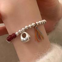925 Silve Asymmetric Red Agate Bracelet for Women Lock Tassels Bead Retro Ethnic Jewelry Gift