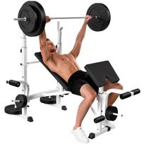Weight Bench with Barbell Rack, Chest Press, Leg Press, Arm Pad for Bicep Curls, Steel, Black+White 180 x 134 x 136 cm