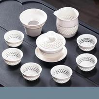 Porcelain Hollow Beehive Gaiwan Tea Set – Elegant Chinese Kung Fu Tea Cup with Lid Golden Line- A
