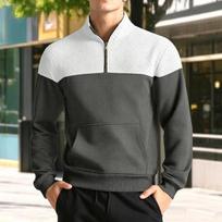 Men Color Block Quarter Zip Sweatshirt Mock Neck Pullover with Kangaroo Pocket Ribbed Cuffs Hem Long Sleeve Spring Fall Casual Streetwear Top S