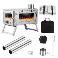 Foldable Stove Camping Stove Stainless Steel Portable Wood Burning Tent with Visible Log Burner Window Adjustable Vent & Multiple-Section Pipe for