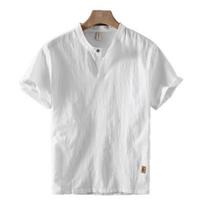 Men New Chinese Style Summer Casual Thin Breathable Short Sleeve Henley Collar Cotton Linen Shirt M