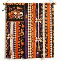 Home Garden Wall Ornaments Halloween Rag Banner, Orange Black Skull Ghost Pumpkin Hanging Decoration, Rustic Office Party Supplies Fabric Stripe Skull