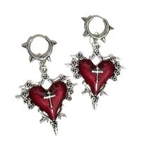 Gothic Punk Sliver Liquid Metal Red Thorn Heart Cross Shape Hoop Pendant Earrings for Women Halloween Party Jewelry Gifts raudona
