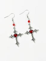 Gothic Punk Silver Liquid Metal Cross Red Heart Rhinestone Dangle Earrings for Women Hallowmas Party Hip Hop Jewelry Gifts raudona