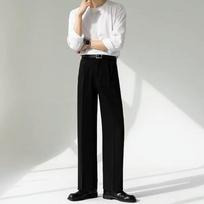 Hong Kong Style Men's Black Wide-Leg Elastic Waist Trousers: Iron-Free, Loose-Fit, Drape Design for Spring & Autumn XL juoda